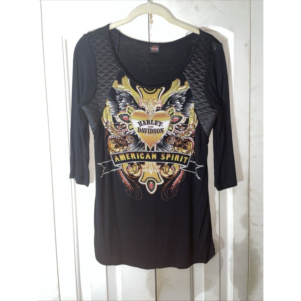 Harley Davidson Womens Medium Shirt American Spirit Rhinestone Faux Leather